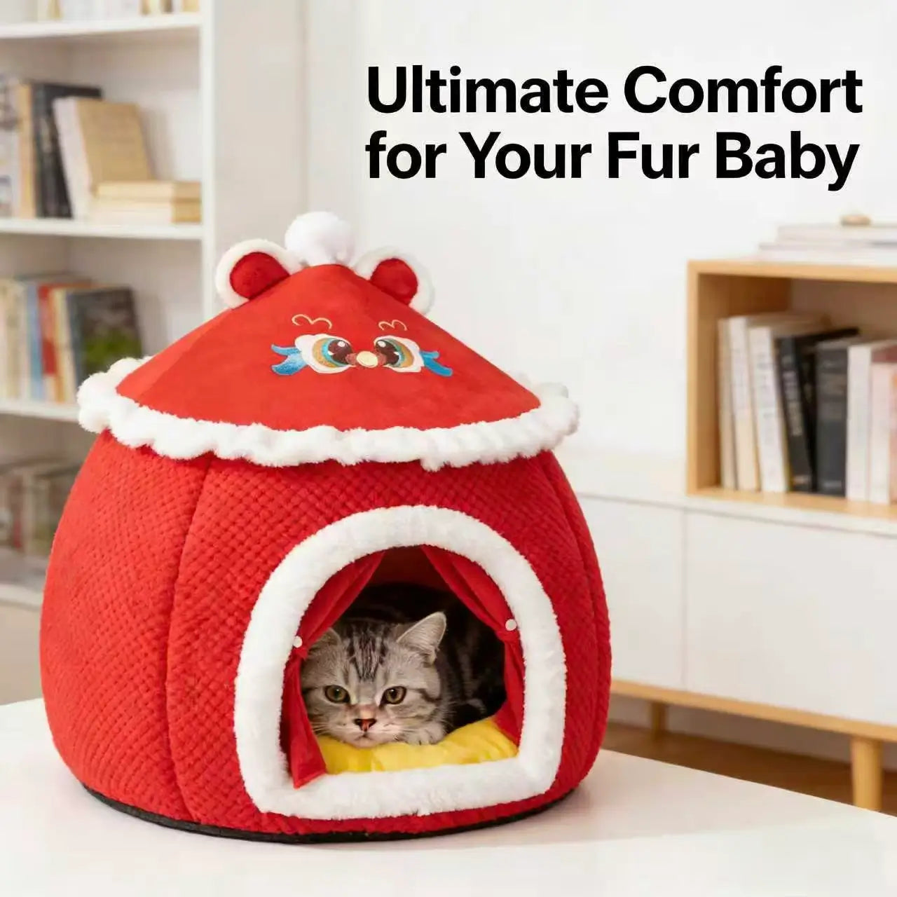 Warm Enclosed Pet Bed: Dragon Embroidery, Plush Lined (Red-White, Winter)