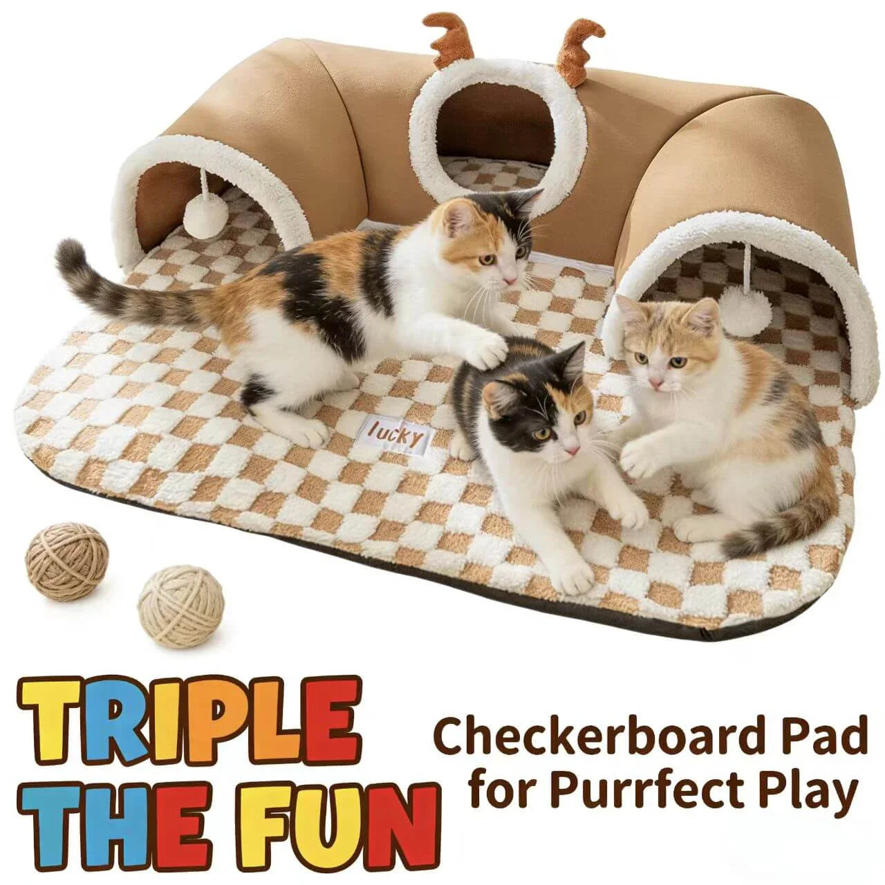 Multi-Functional Cat Play Mat - Plush Checkered, Deer-Shaped Hideout, Hanging Toys for Cats