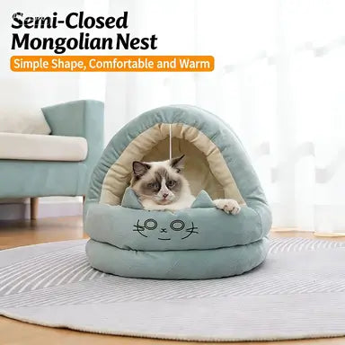 Warm Semi-Enclosed Cat Cave: Light Green Plush, Cozy Minimalist Design for Cats (All-Season)