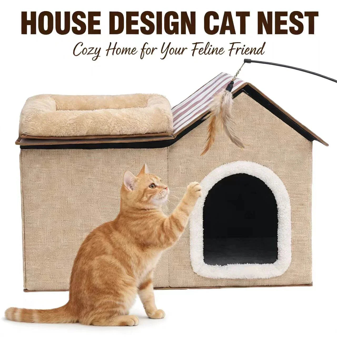 2-in-1 Cat Bed & House - Cottage Shape, Linen + Plush, Beige Enclosed Rest Space