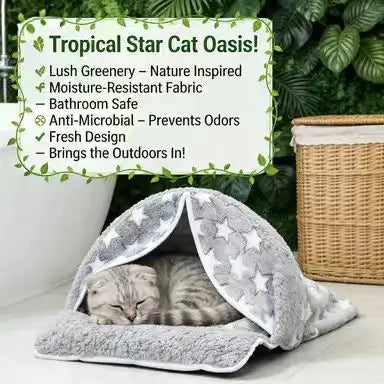 Star-Patterned Cat Bed: Cozy Hideaway, Plush Surface, Foldable Design (Gray-White)