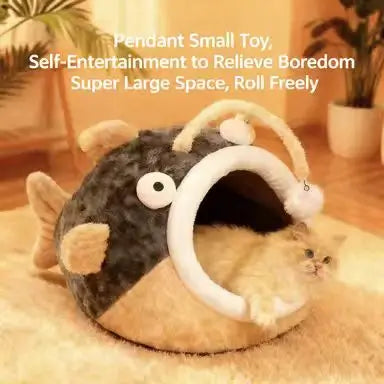 Plush Pet Cave Bed, Fish-Style, Brown/Gray, Secure, Comfortable Sleeping Bed for Cats