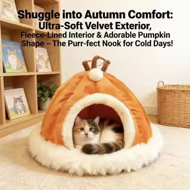 Cat Cave Bed, Pumpkin-Style, Orange Plush, Fall Aesthetic, Cozy Cat Sleeping Bed