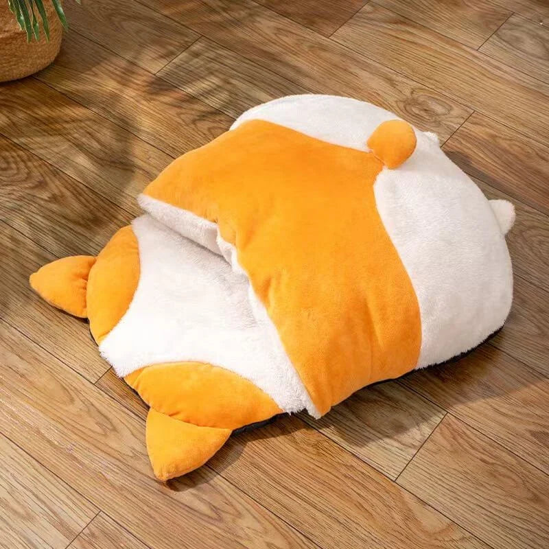 Warm Pet Cave for Cats - Corgi Butt Design, Plush, Orange/White Rest Cushion