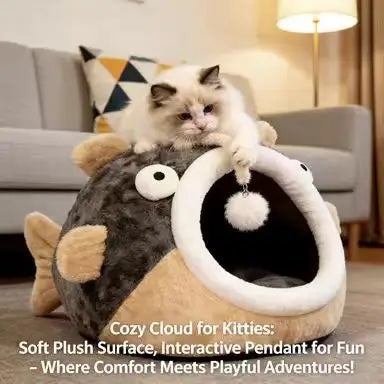 Plush Pet Cave Bed, Fish-Style, Brown/Gray, Secure, Comfortable Sleeping Bed for Cats