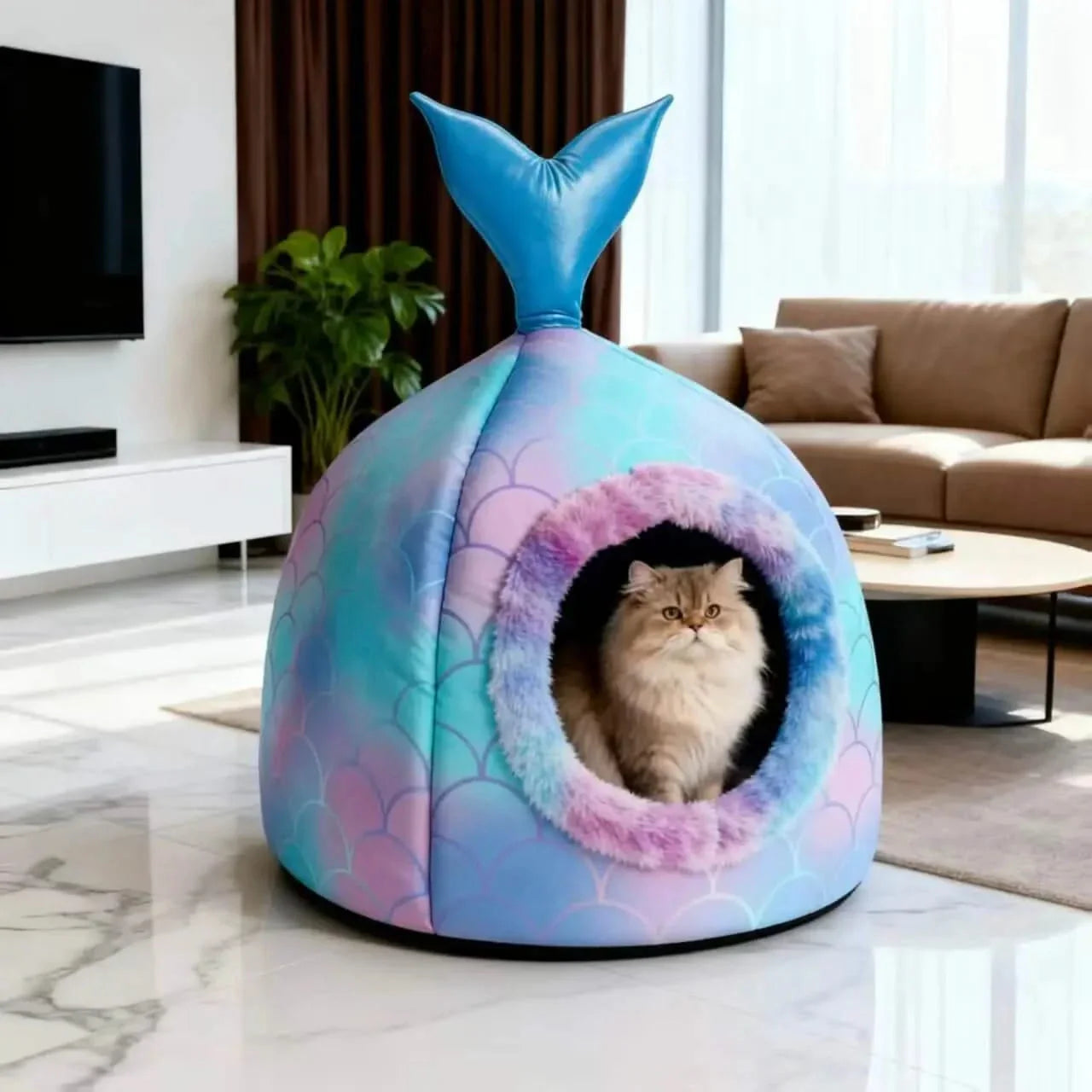Comfortable Cat Nest: Fishtail Design, Blue-Pink Gradient, Plush Lining for Cats