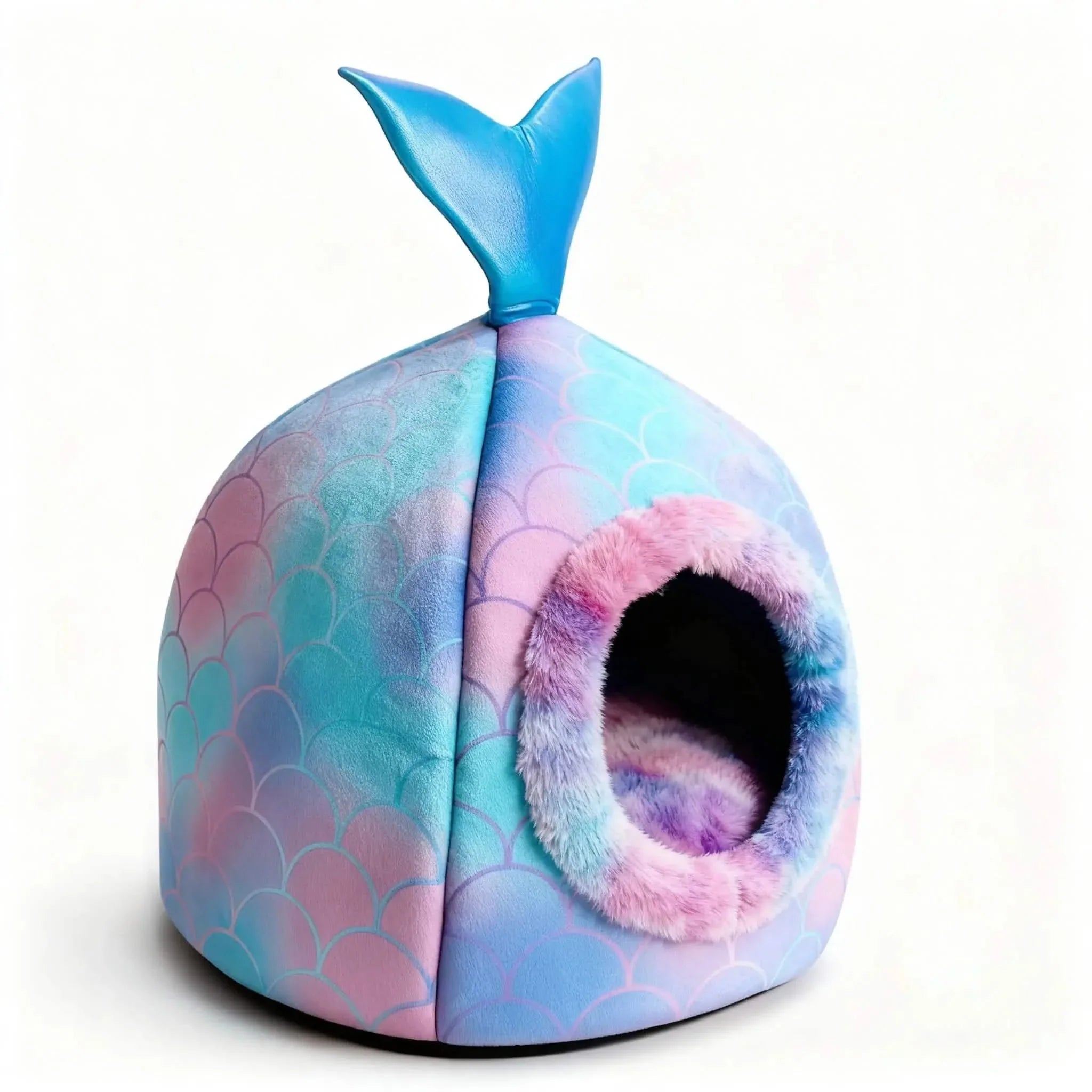 Comfortable Cat Nest: Fishtail Design, Blue-Pink Gradient, Plush Lining for Cats