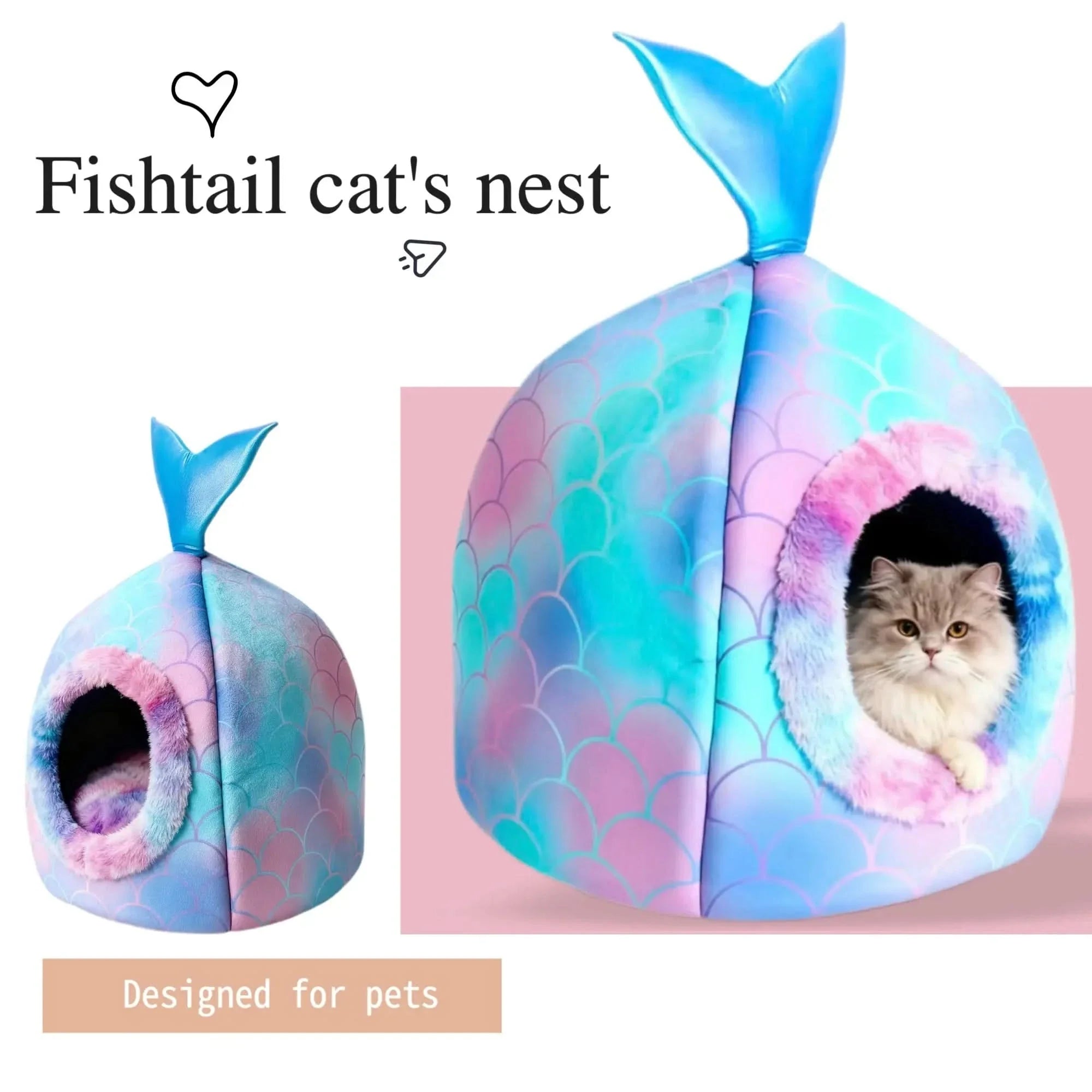 Comfortable Cat Nest: Fishtail Design, Blue-Pink Gradient, Plush Lining for Cats