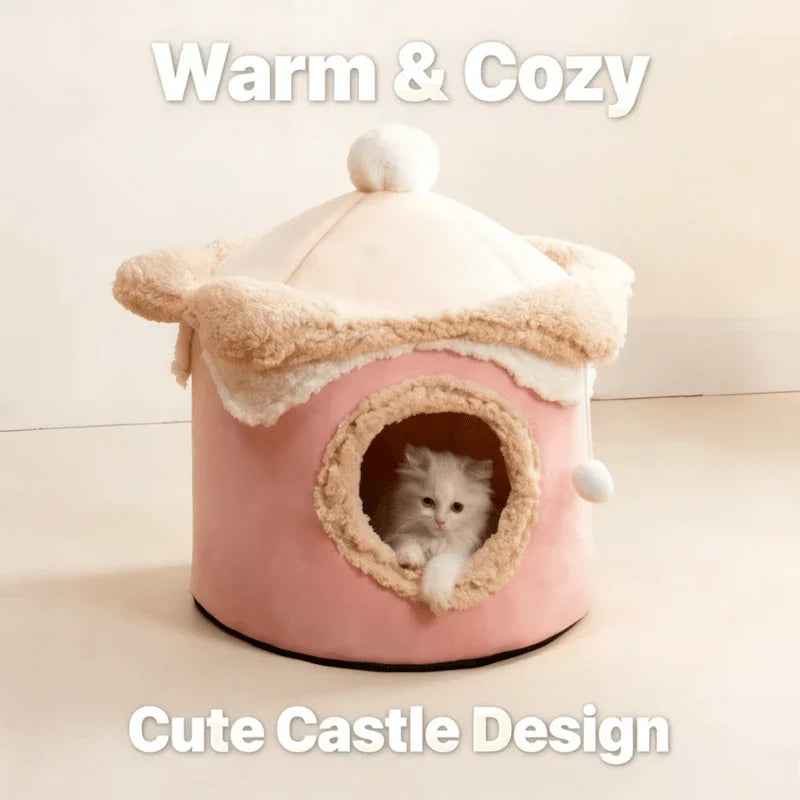 Comfortable Durable Cat Nest: Pink-Beige Plush, 2 Sizes, Built-in Ball Toy for Cats
