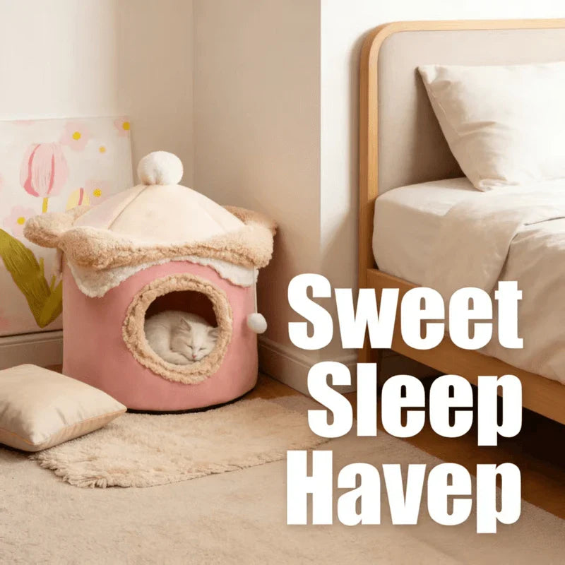 Comfortable Durable Cat Nest: Pink-Beige Plush, 2 Sizes, Built-in Ball Toy for Cats