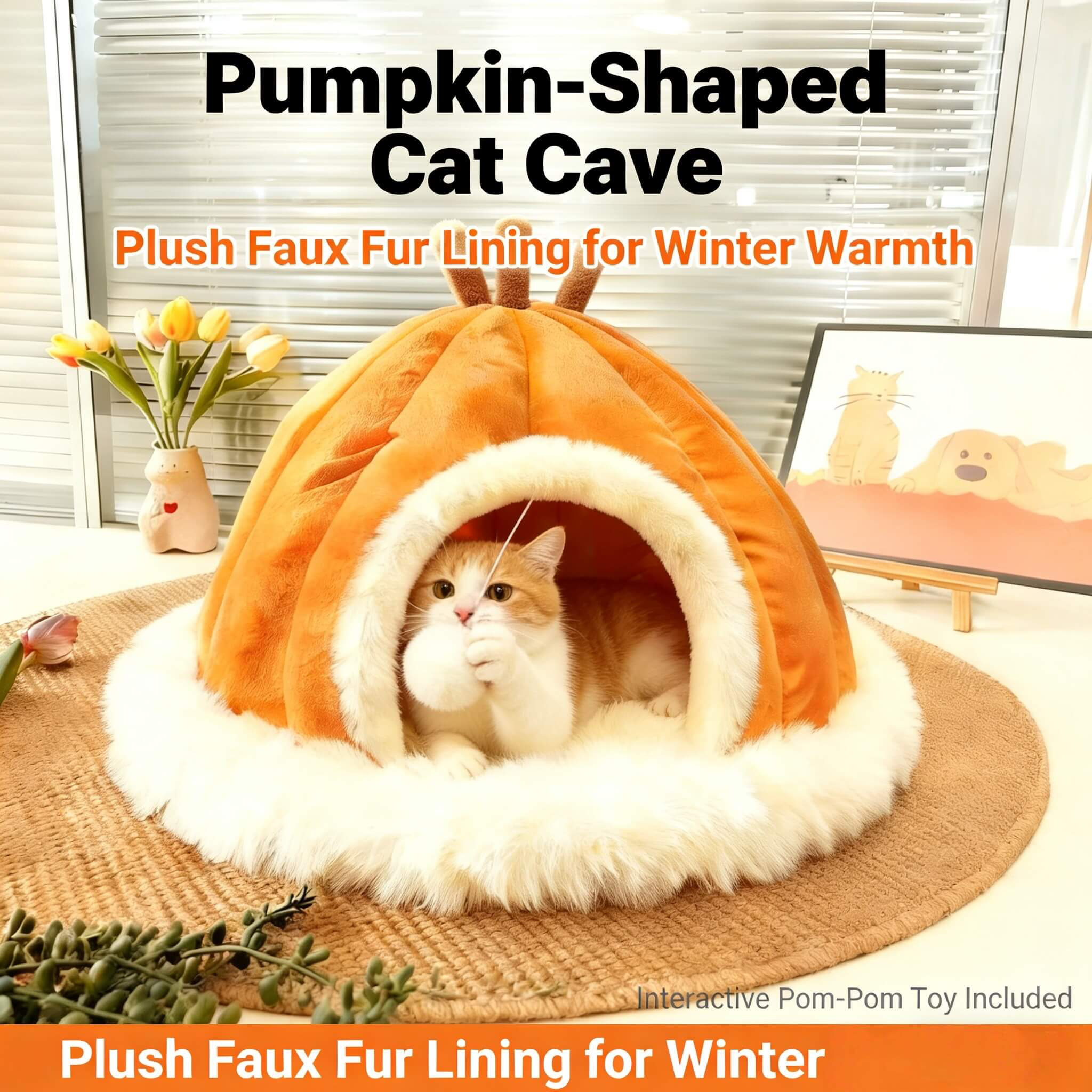 Cat Cave Bed, Pumpkin-Style, Orange Plush, Fall Aesthetic, Cozy Cat Sleeping Bed