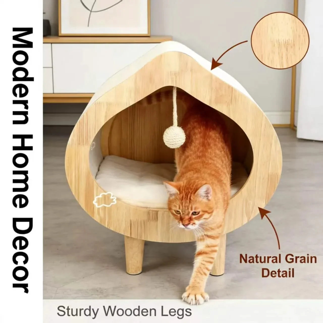 Modern Solid Wood Cat House with Scratching Wall, Cozy Cave Hideout for Indoor Cats A
