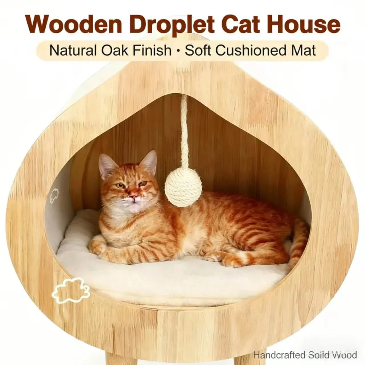 Modern Solid Wood Cat House with Scratching Wall, Cozy Cave Hideout for Indoor Cats-
