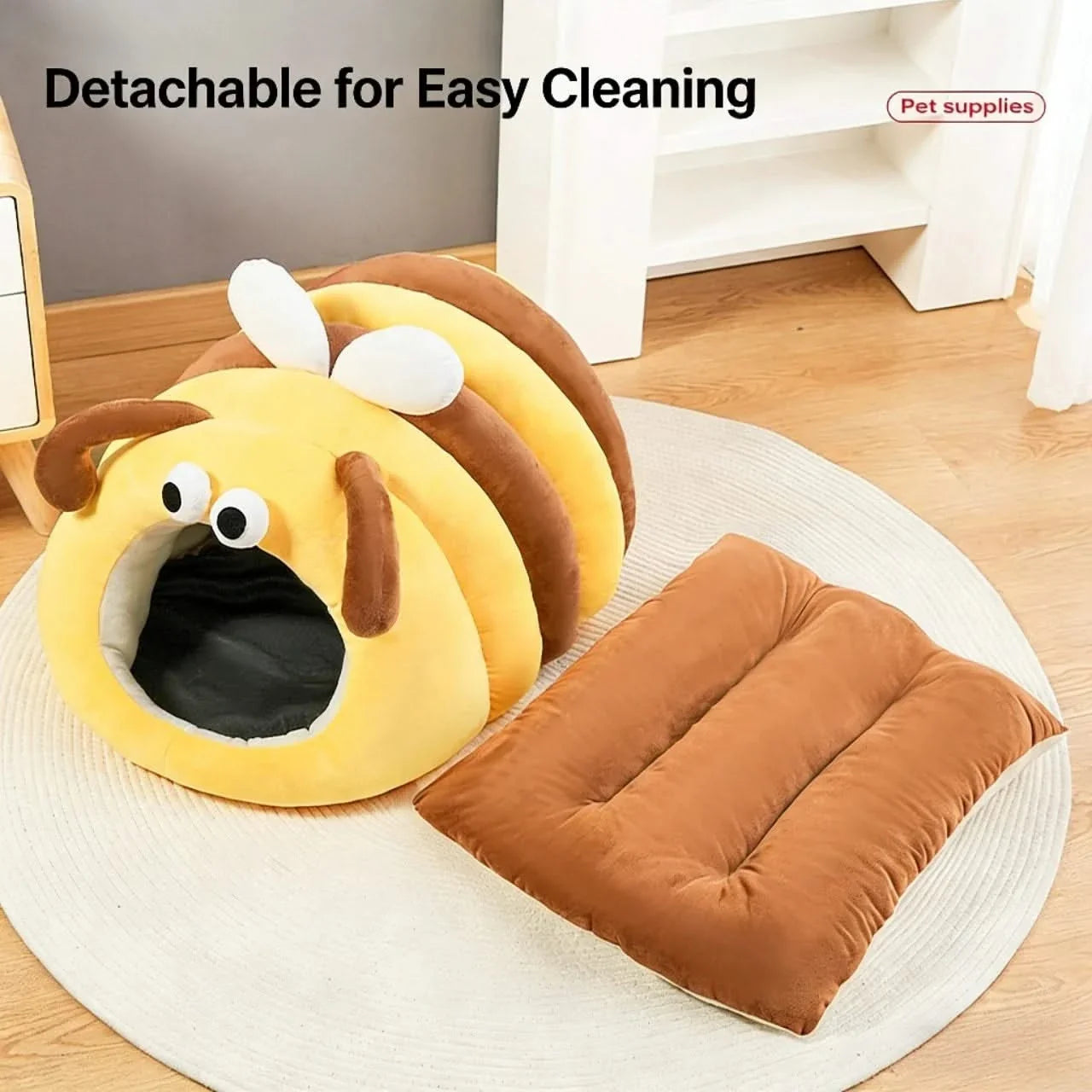 Cat Bed, Bee Shape, Soft Plush, Yellow/Brown, Fluffy Accents, Playful Nest