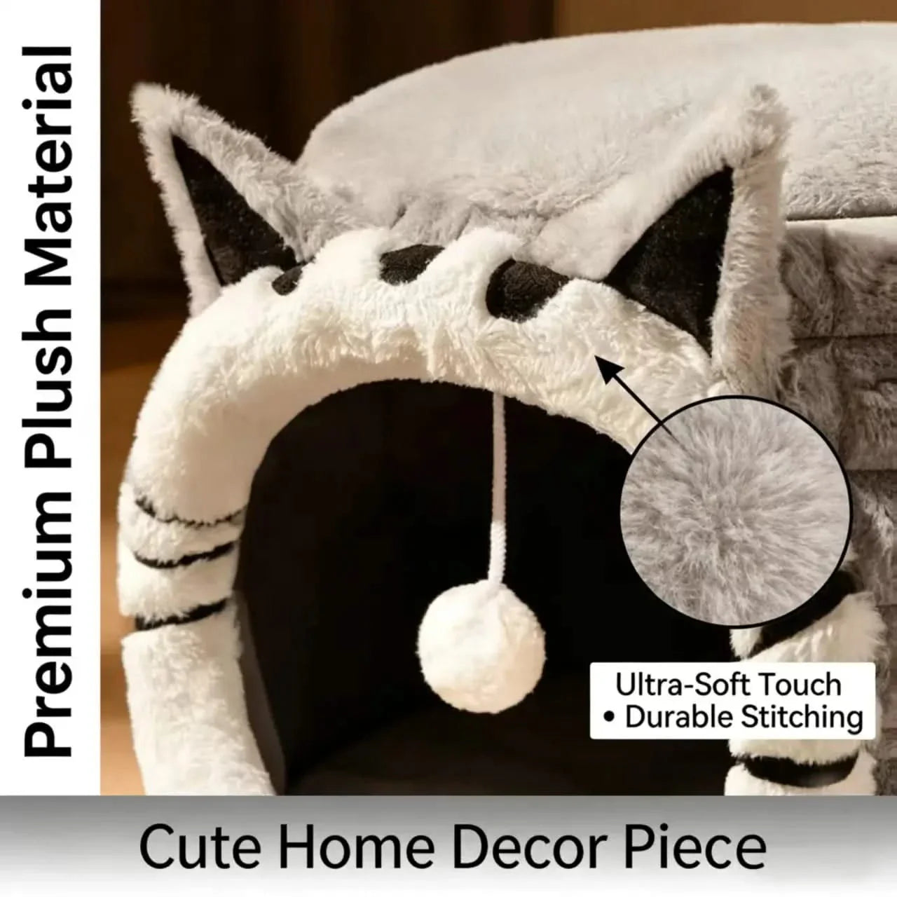 Plush Cat Cave Bed, Gray, Cat Face, Toy Ball, Non-Slip, Machine-Washable Cat Rest Spot