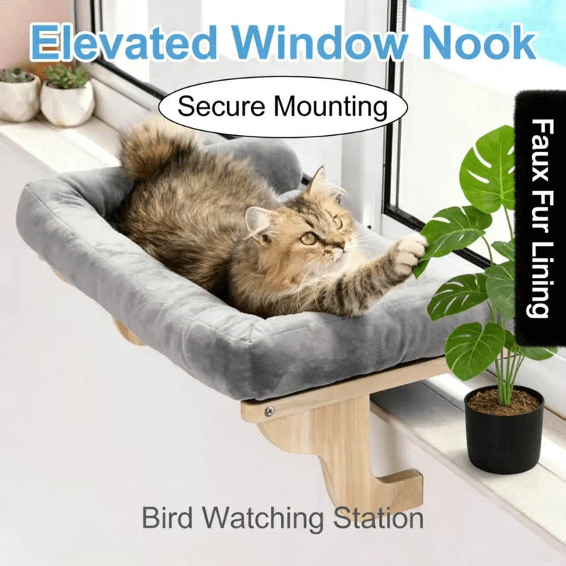 Orthopedic Cat Window Perch with Bolster, Sturdy Hardwood Frame, Large Pet Hammock