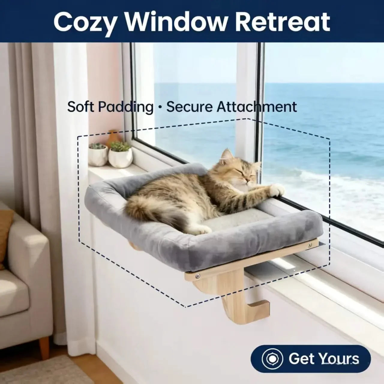 Orthopedic Cat Window Perch with Bolster, Sturdy Hardwood Frame, Large Pet Hammock