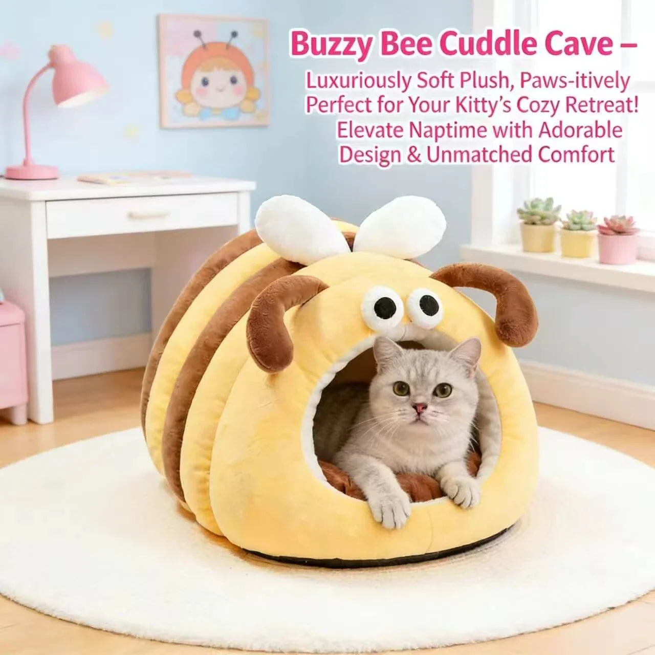 Cat Bed, Bee Shape, Soft Plush, Yellow/Brown, Fluffy Accents, Playful Nest