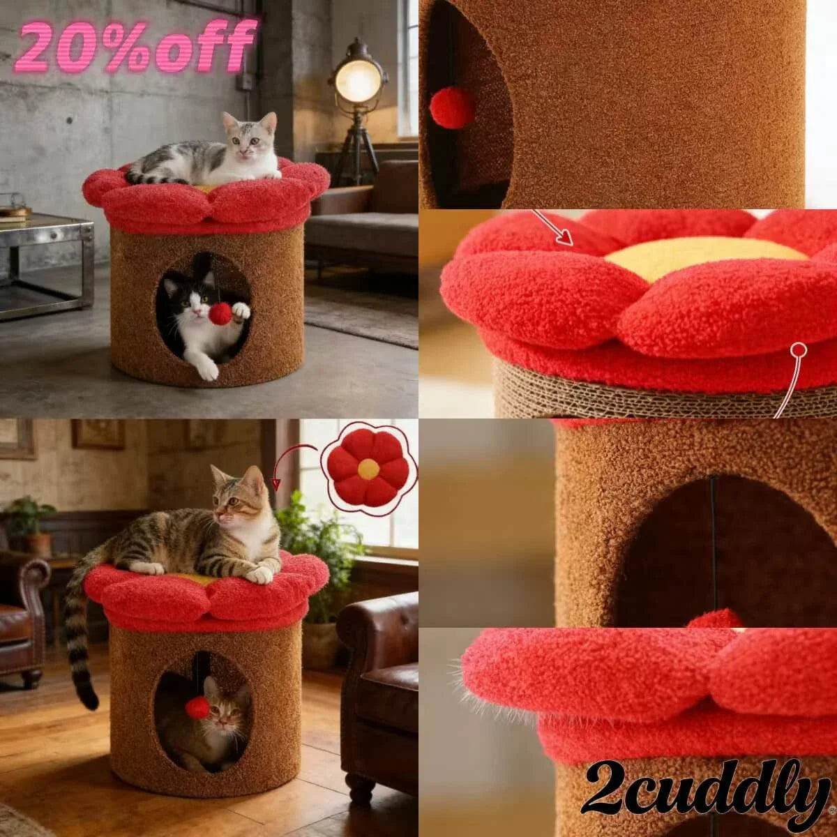 Dual-Space Interactive Cat Nest: Flower Top, Built-in Ball Toy, Plush for Cats