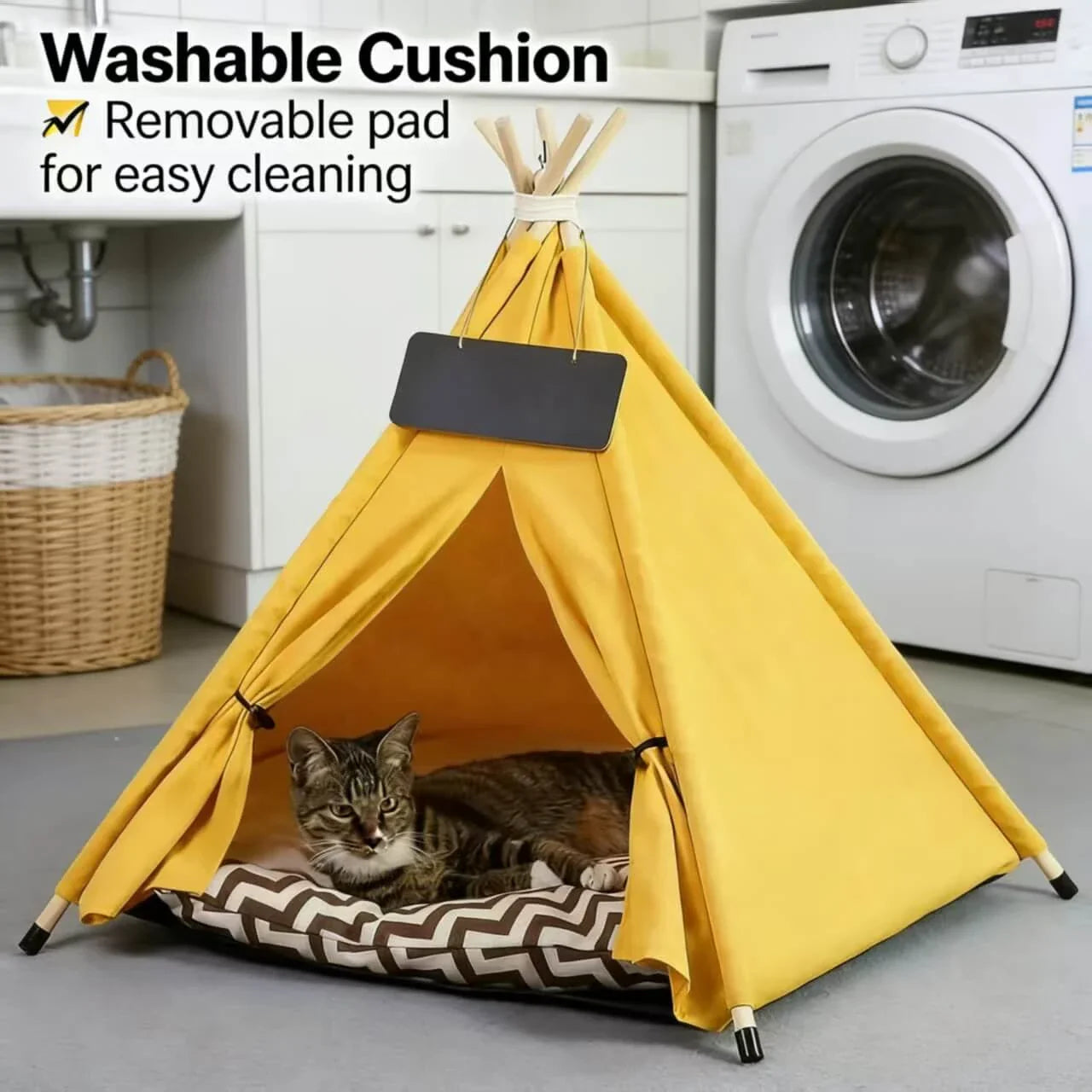 Cat Teepee Tent Bed, Yellow, Chalkboard Tag, Cushioned, Cat Sleeping Bed