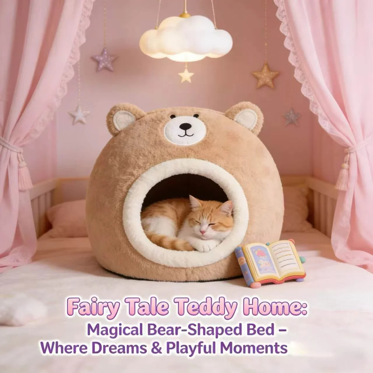 Cozy Bear-Shaped Cat Bed: Beige Plush Fabric, Enclosed Privacy Shelter for Cats/