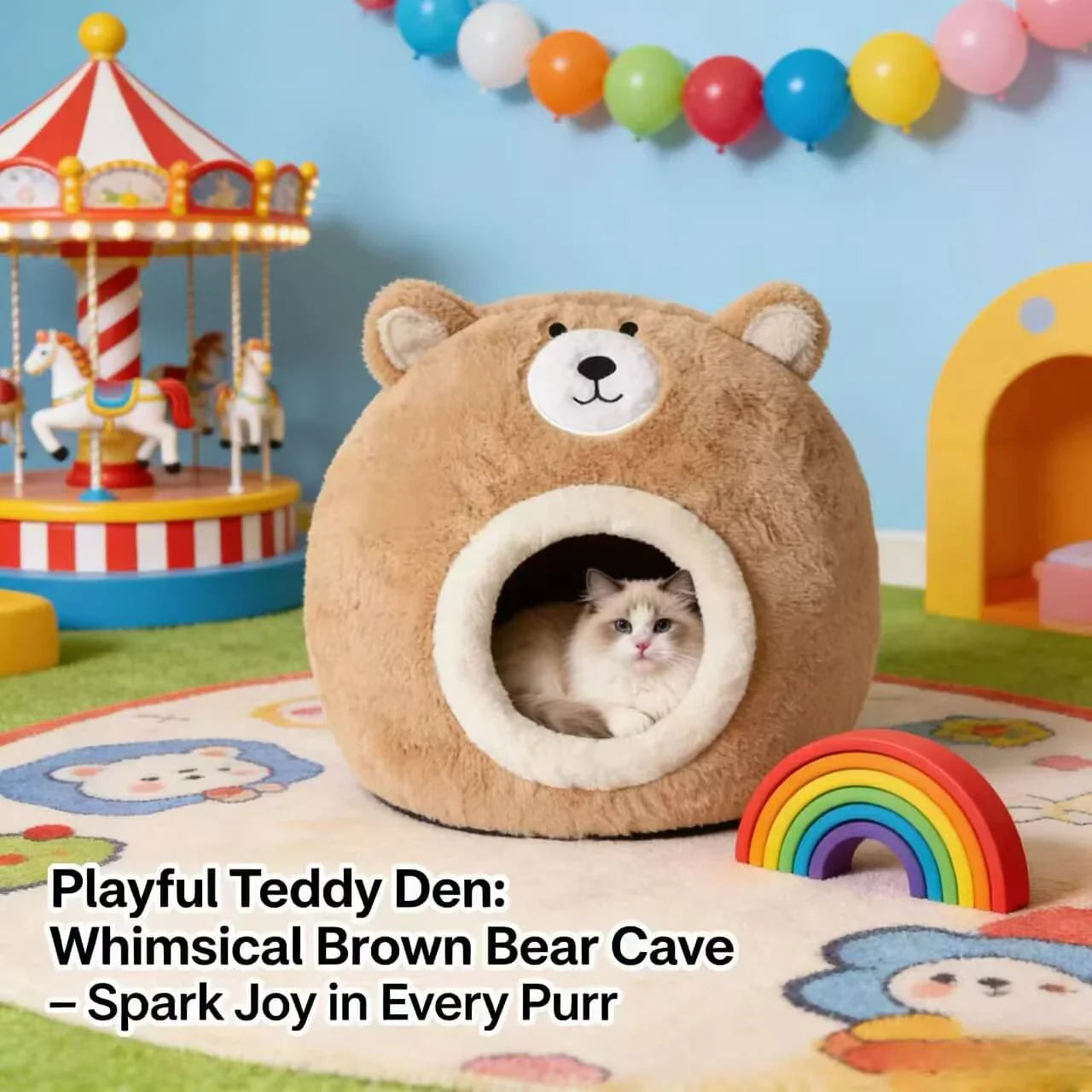 Cozy Bear-Shaped Cat Bed: Beige Plush Fabric, Enclosed Privacy Shelter for Cats/