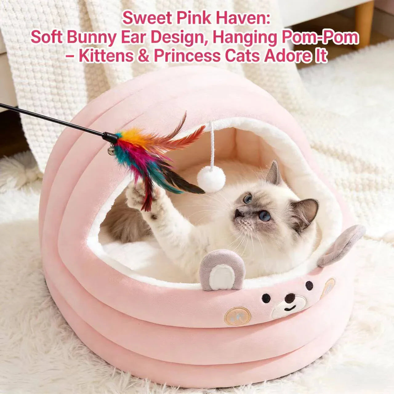 Comfy Seal-Shaped Cat Bed: Gray-White Plush, Built-in Toy Ball for Cats