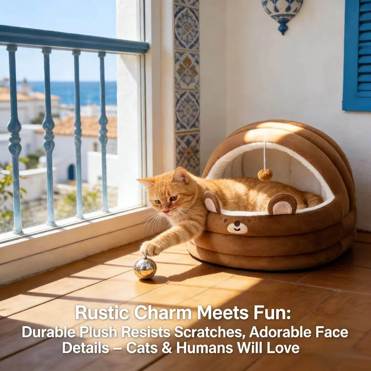 Comfy Seal-Shaped Cat Bed: Gray-White Plush, Built-in Toy Ball for Cats