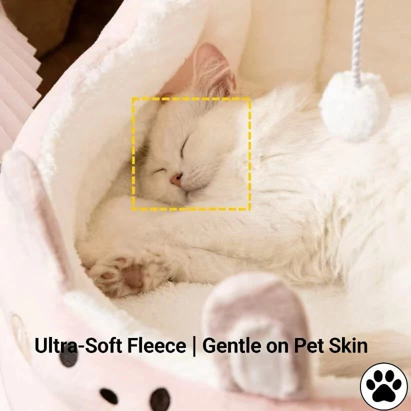 Comfy Seal-Shaped Cat Bed: Gray-White Plush, Built-in Toy Ball for Cats