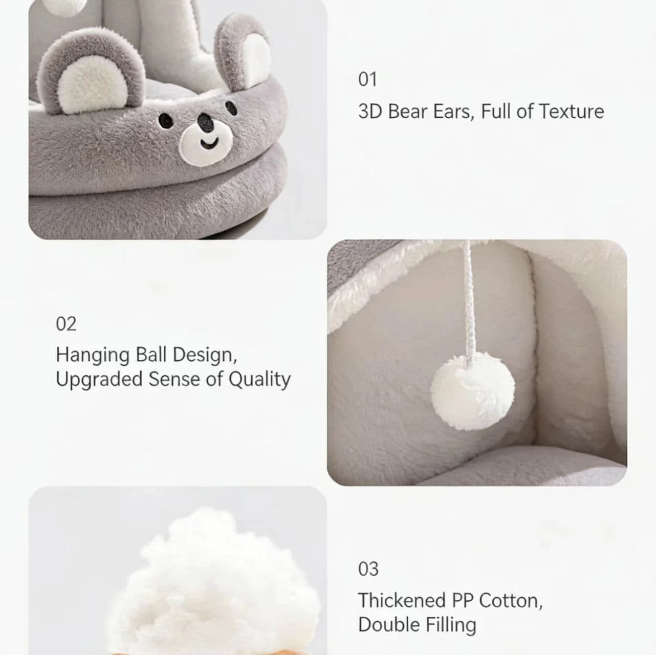 Comfy Seal-Shaped Cat Bed: Gray-White Plush, Built-in Toy Ball for Cats