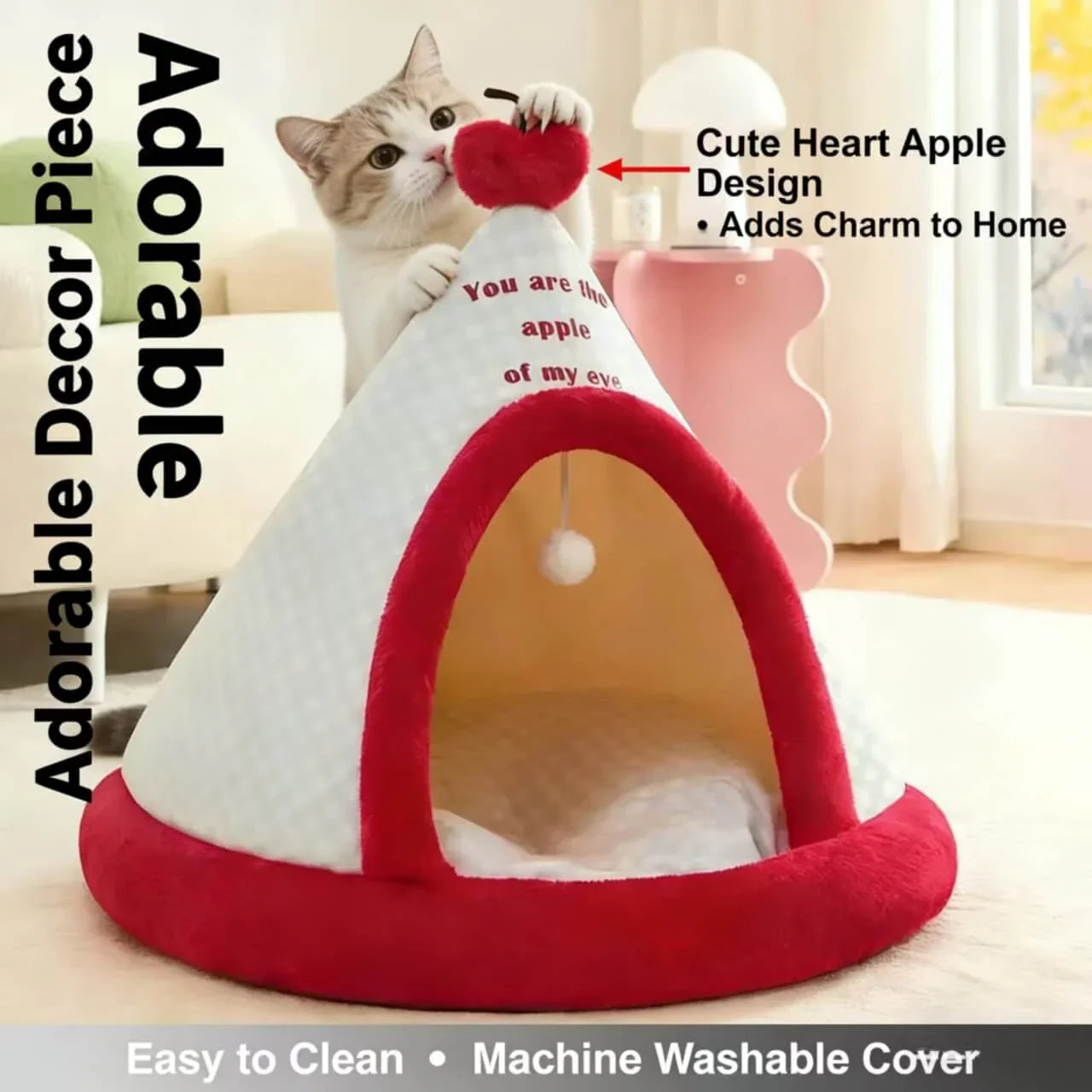 Apple-Themed Plush Pet Tent Bed, White/Red, Quote Design, Toy Ball, Cat Bed