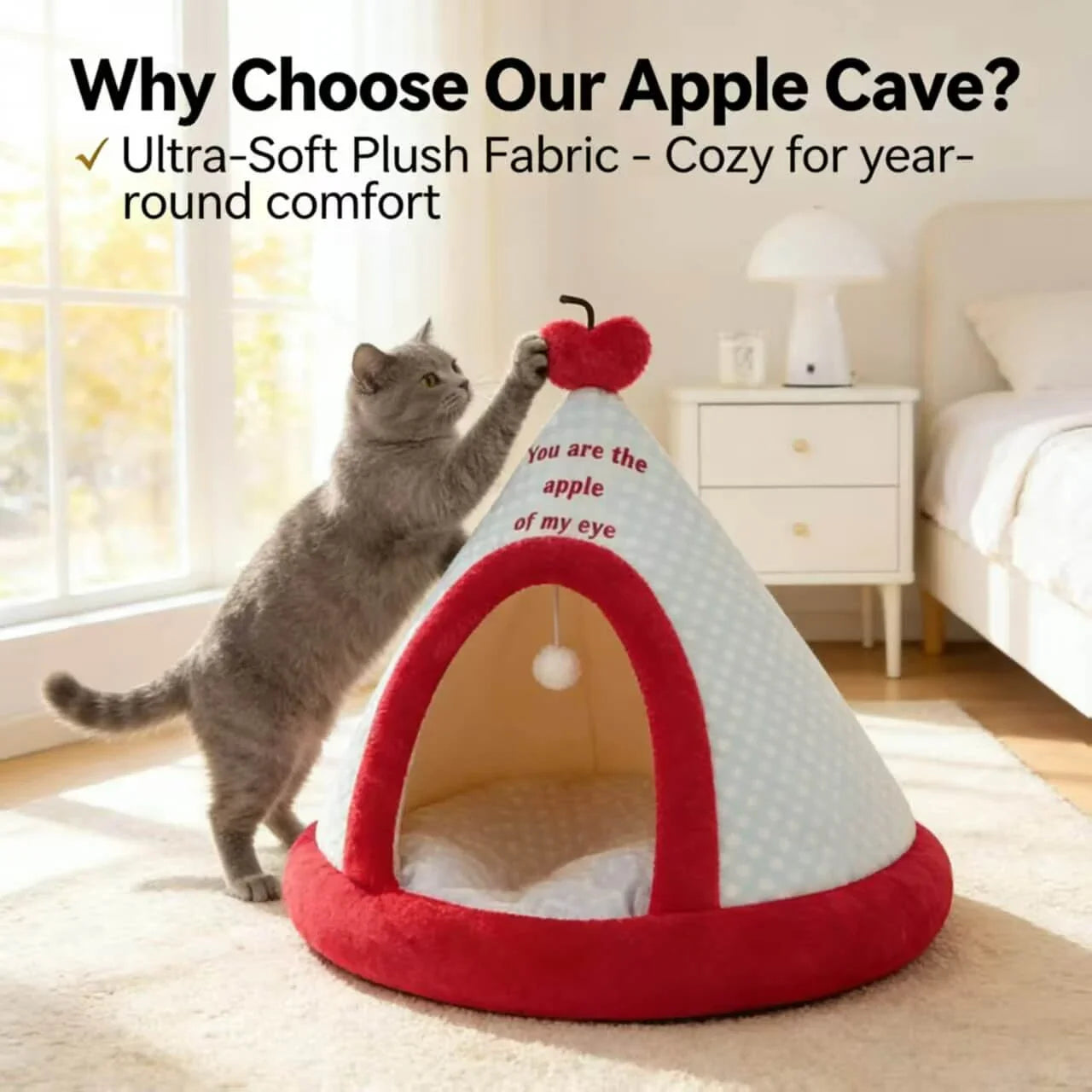 Apple-Themed Plush Pet Tent Bed, White/Red, Quote Design, Toy Ball, Cat Bed