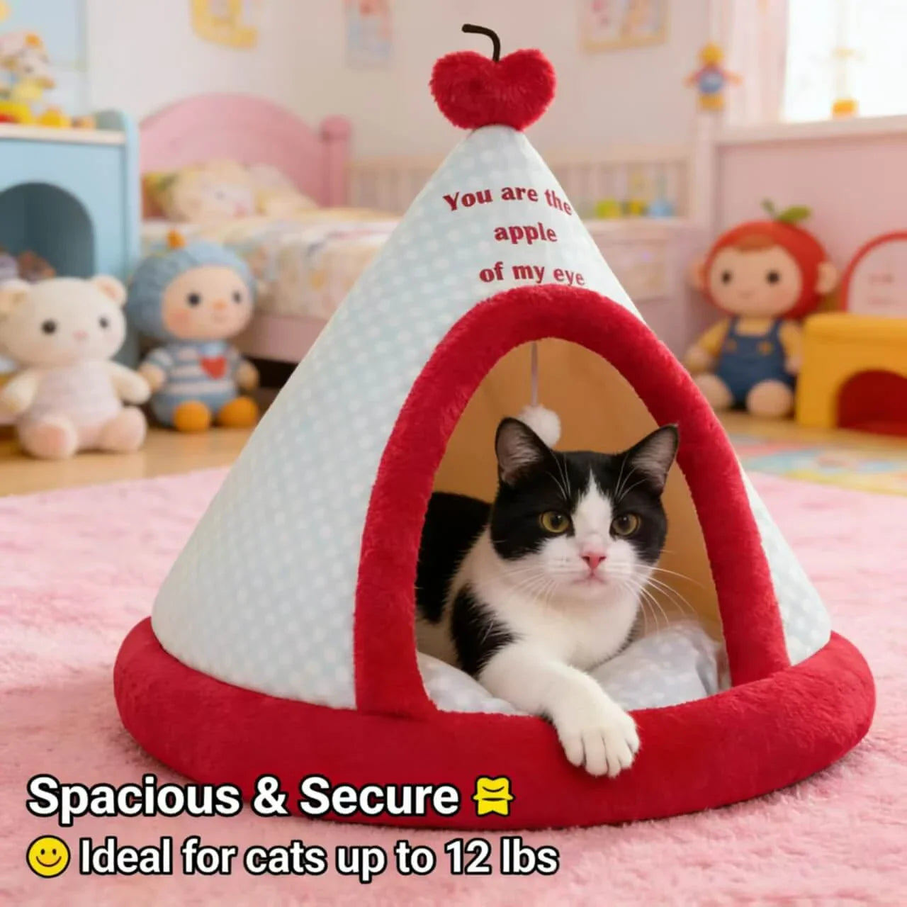 Apple-Themed Plush Pet Tent Bed, White/Red, Quote Design, Toy Ball, Cat Bed