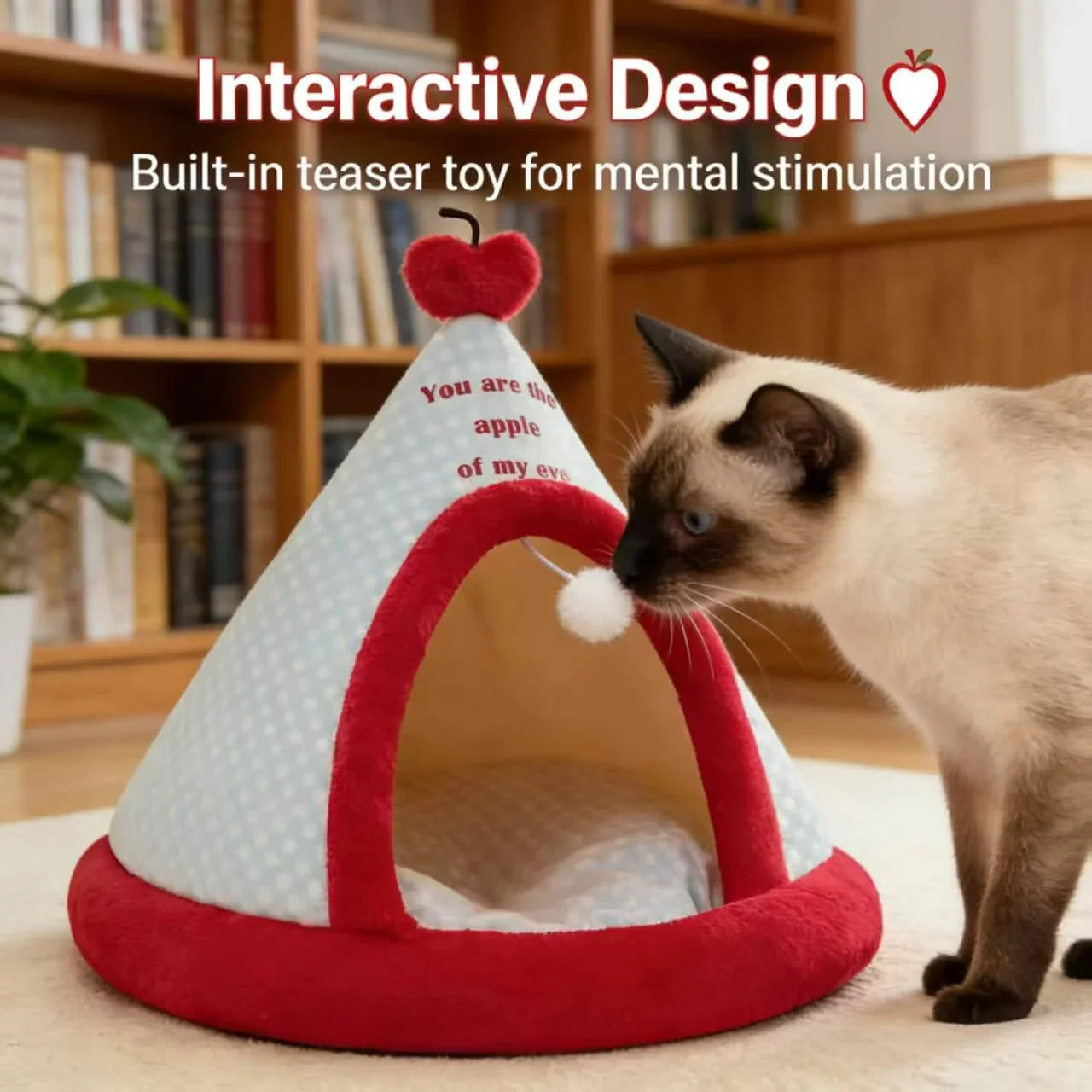 Apple-Themed Plush Pet Tent Bed, White/Red, Quote Design, Toy Ball, Cat Bed