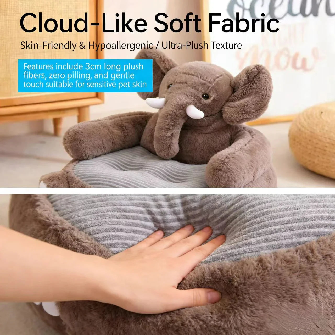 Cozy Elephant-Shaped Dog Sofa: Plush, Ribbed Cushion, Brown for Small Dogs