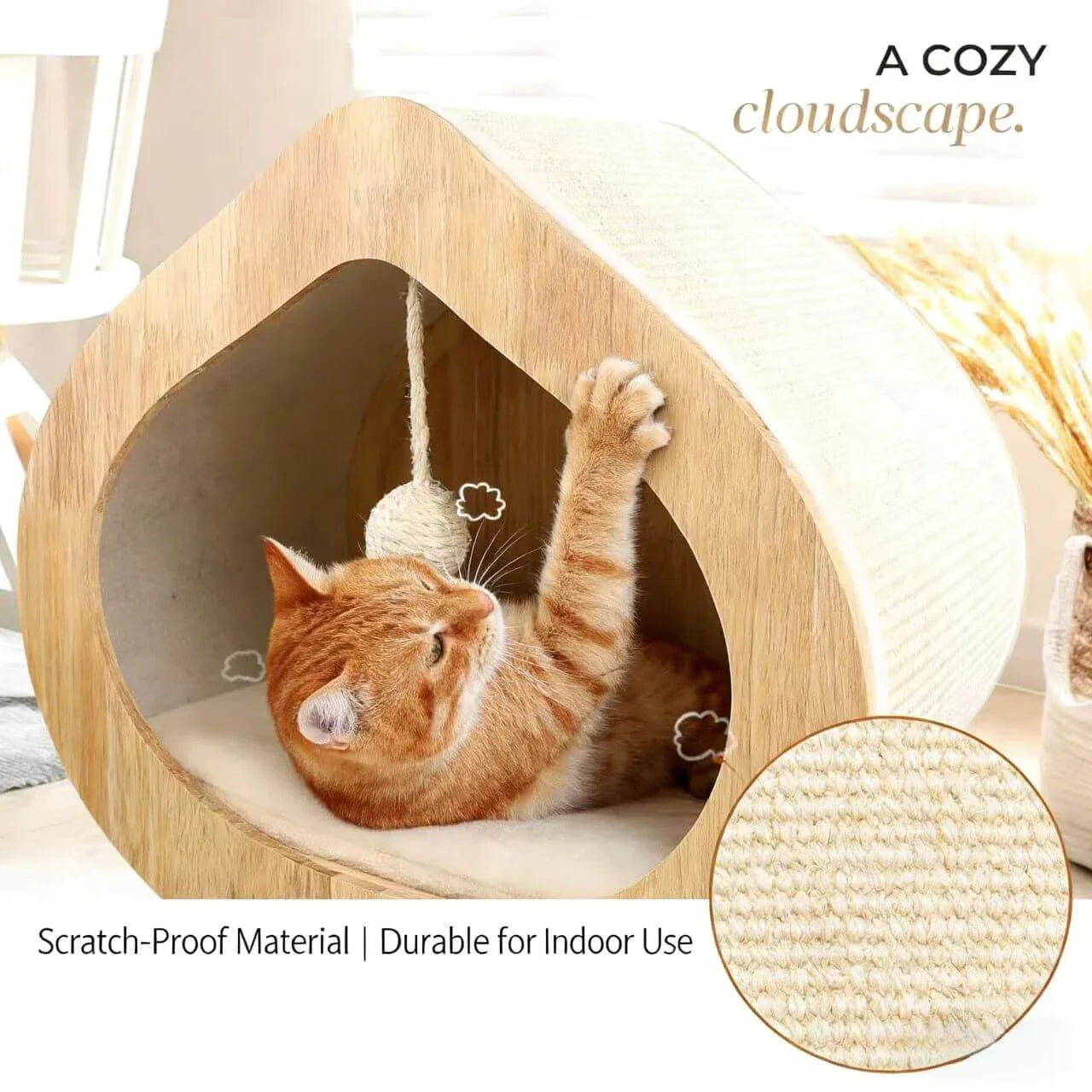 Modern Solid Wood Cat House with Scratching Wall, Cozy Cave Hideout for Indoor Cats A