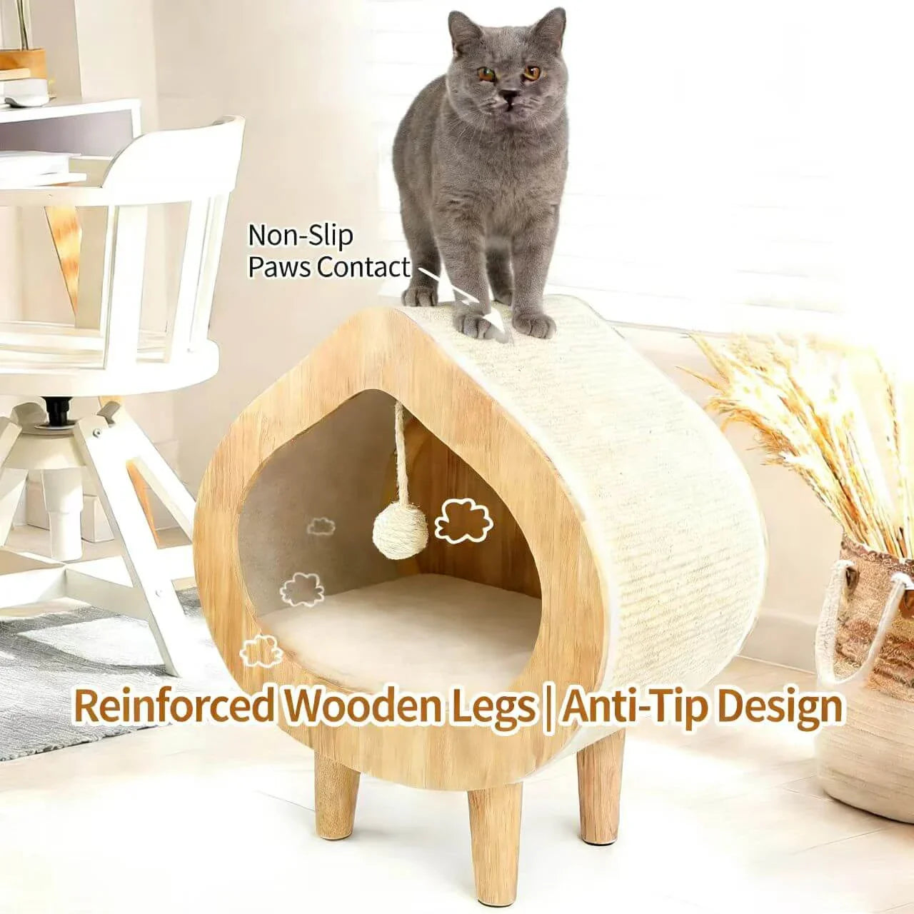 Modern Solid Wood Cat House with Scratching Wall, Cozy Cave Hideout for Indoor Cats A