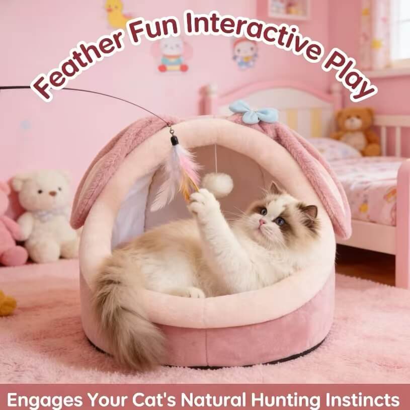 Interactive Comfort Pet Nest: Pink Plush, Rabbit-Ear Design, Built-in Ball Toy for Cats
