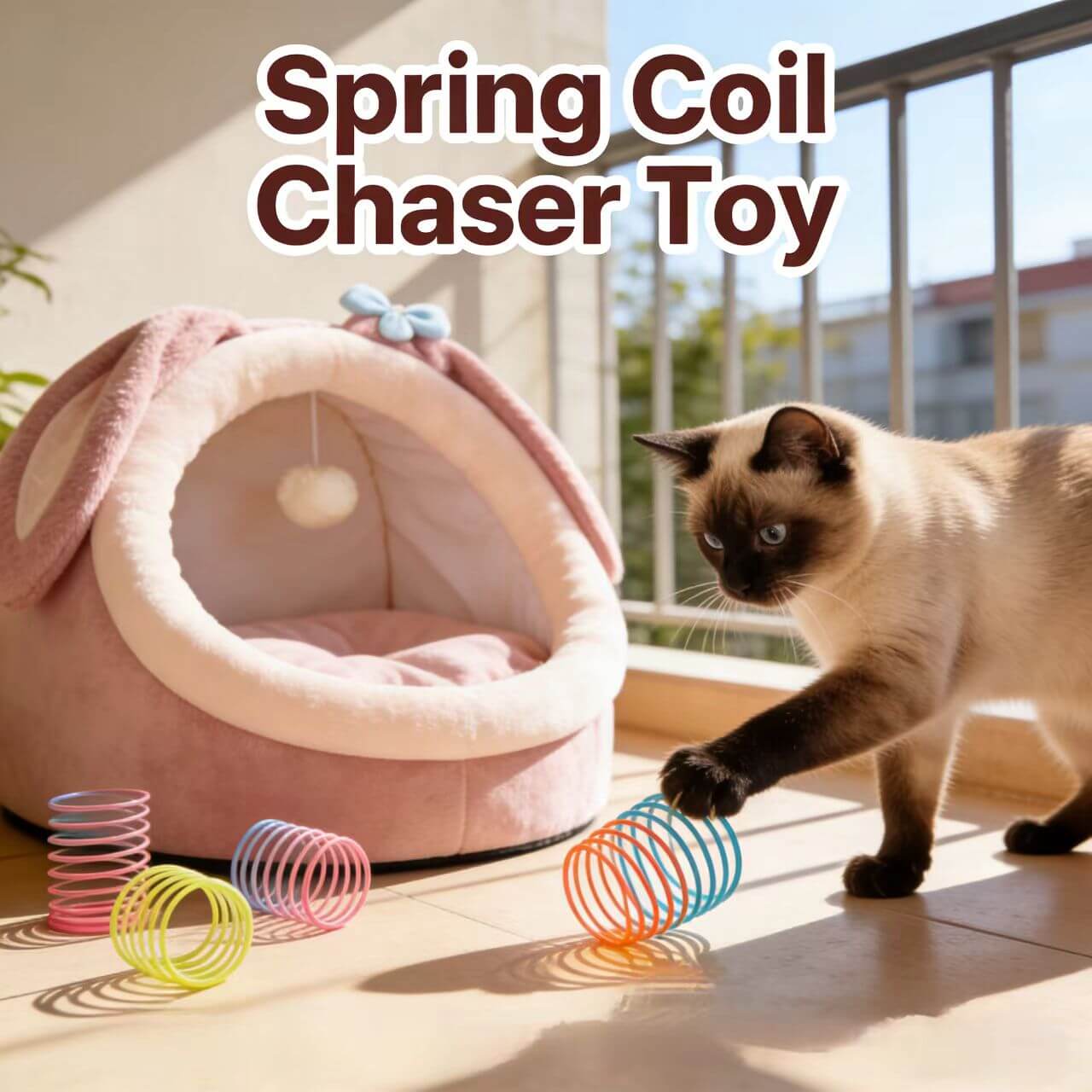 Interactive Comfort Pet Nest: Pink Plush, Rabbit-Ear Design, Built-in Ball Toy for Cats