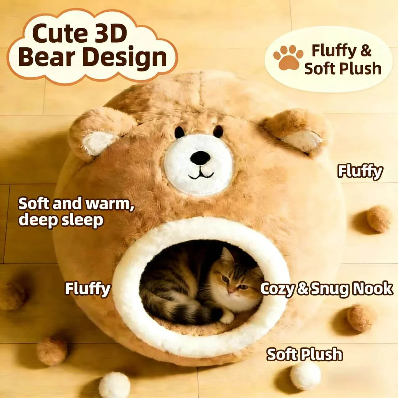 Cozy Bear-Shaped Cat Bed: Beige Plush Fabric, Enclosed Privacy Shelter for Cats/