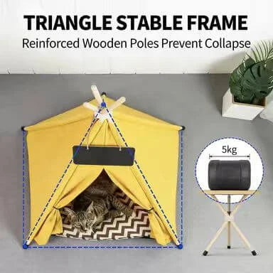 Cat Teepee Tent Bed, Yellow, Chalkboard Tag, Cushioned, Cat Sleeping Bed