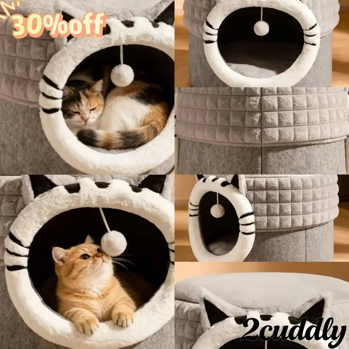 Plush Cat Cave Bed, Gray, Cat Face, Toy Ball, Non-Slip, Machine-Washable Cat Rest Spot