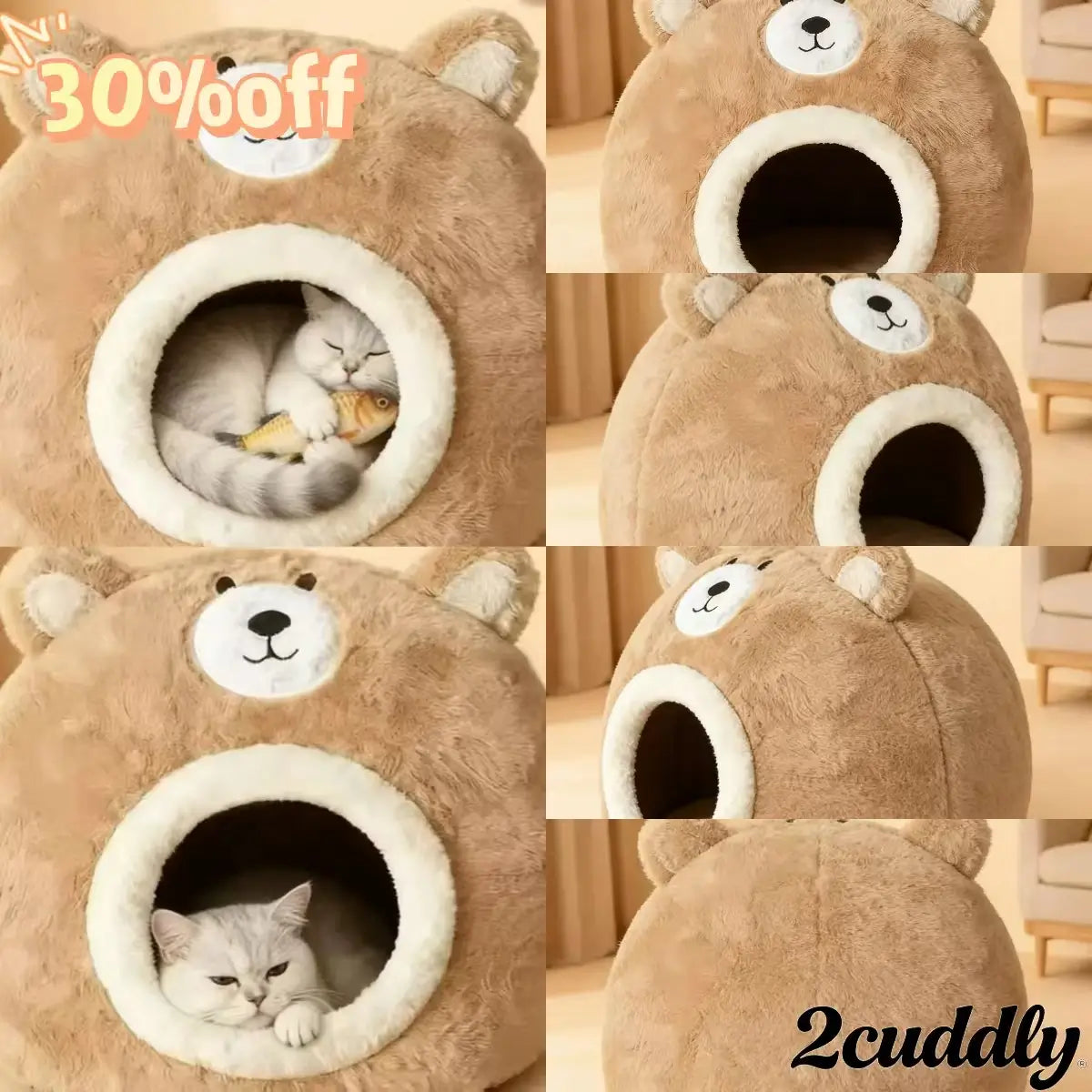 Cozy Bear-Shaped Cat Bed: Beige Plush Fabric, Enclosed Privacy Shelter for Cats/
