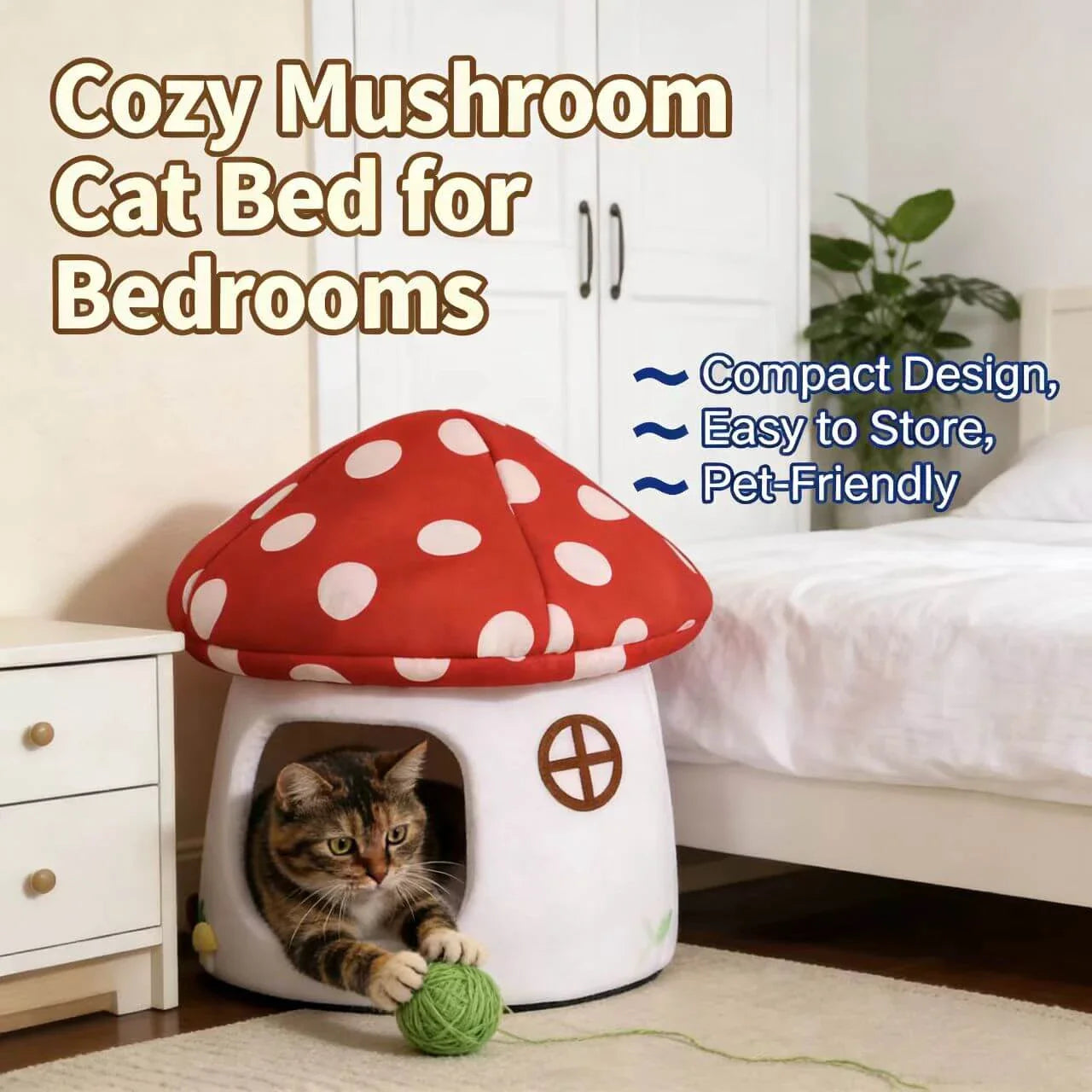 Warm Pet House for Cats - Mushroom Design, Plush, Red Polka Dot Rest Cave