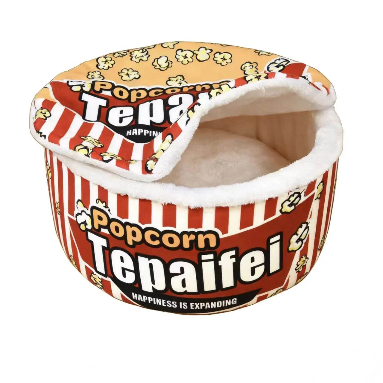Warm Enclosed Pet Bed for Cats - Popcorn Design, Plush, Red Striped Rest Cave