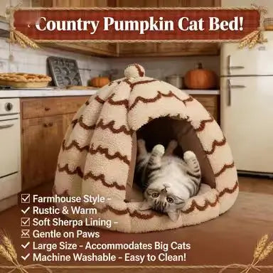 Pumpkin-Shaped Cat Bed: Cozy Hideaway, Plush Surface, Wave Pattern (Beige-Brown)