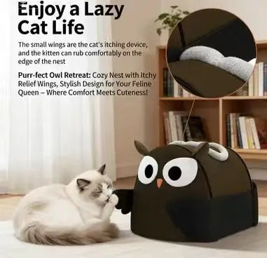 Owl-Shape Cat Cave with Scratcher: Brown, Itch-Relief Wings for Cats ,All-Season