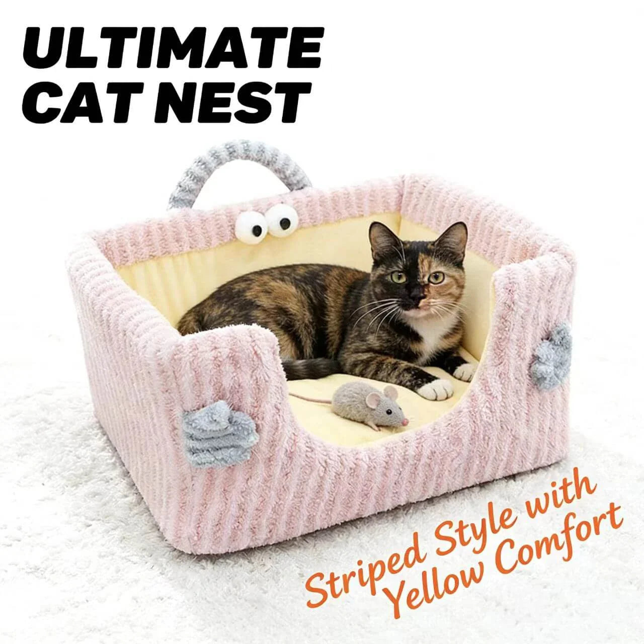 Soft Cat Bed - Monster-Shaped, Striped Plush Fabric, Pink, Portable Handle for Cozy Rest