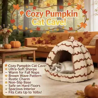 Pumpkin-Shaped Cat Bed: Cozy Hideaway, Plush Surface, Wave Pattern (Beige-Brown)