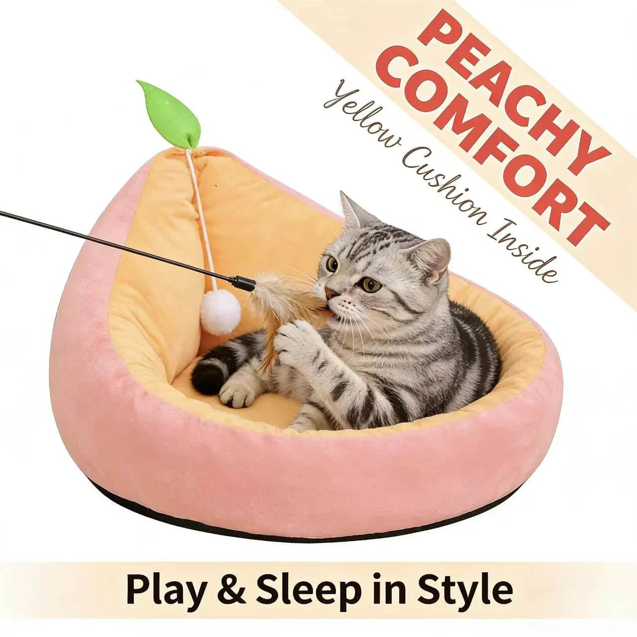 Soft Pet Nest for Cats - Peach Design, Plush, Hanging Toy, Pink & Yellow Rest Bed